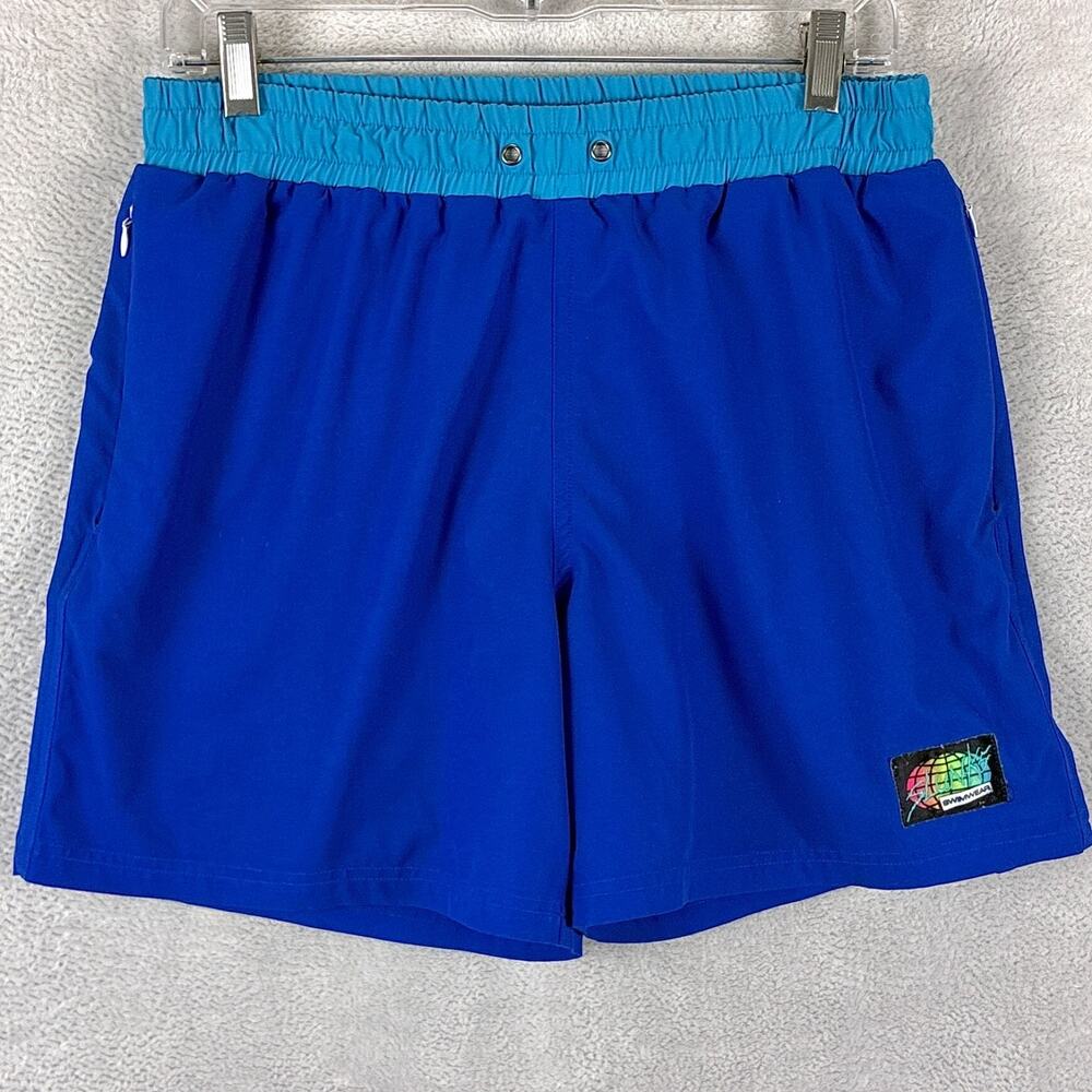 VTG Slunks Shorts Mens M Blue Lined Pull On Performance Beach Volleyball Preppy